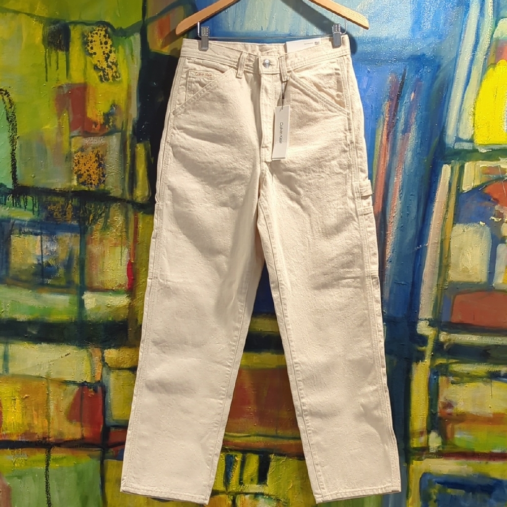 Calvin Klein Utility Cargo Pants Cotton Twill NWT Ivory W28 Relaxed Straight